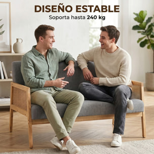 HOMCOM Sofá de 2 Plazas Tapizado en Lino Sintético con Detalles Ratán Sintético, Sofá Compacto Moderno con Estructura de Madera de Caucho, Carga 240 kg para Dormitorio, Salón, 115x77x77 cm, Gris Claro
