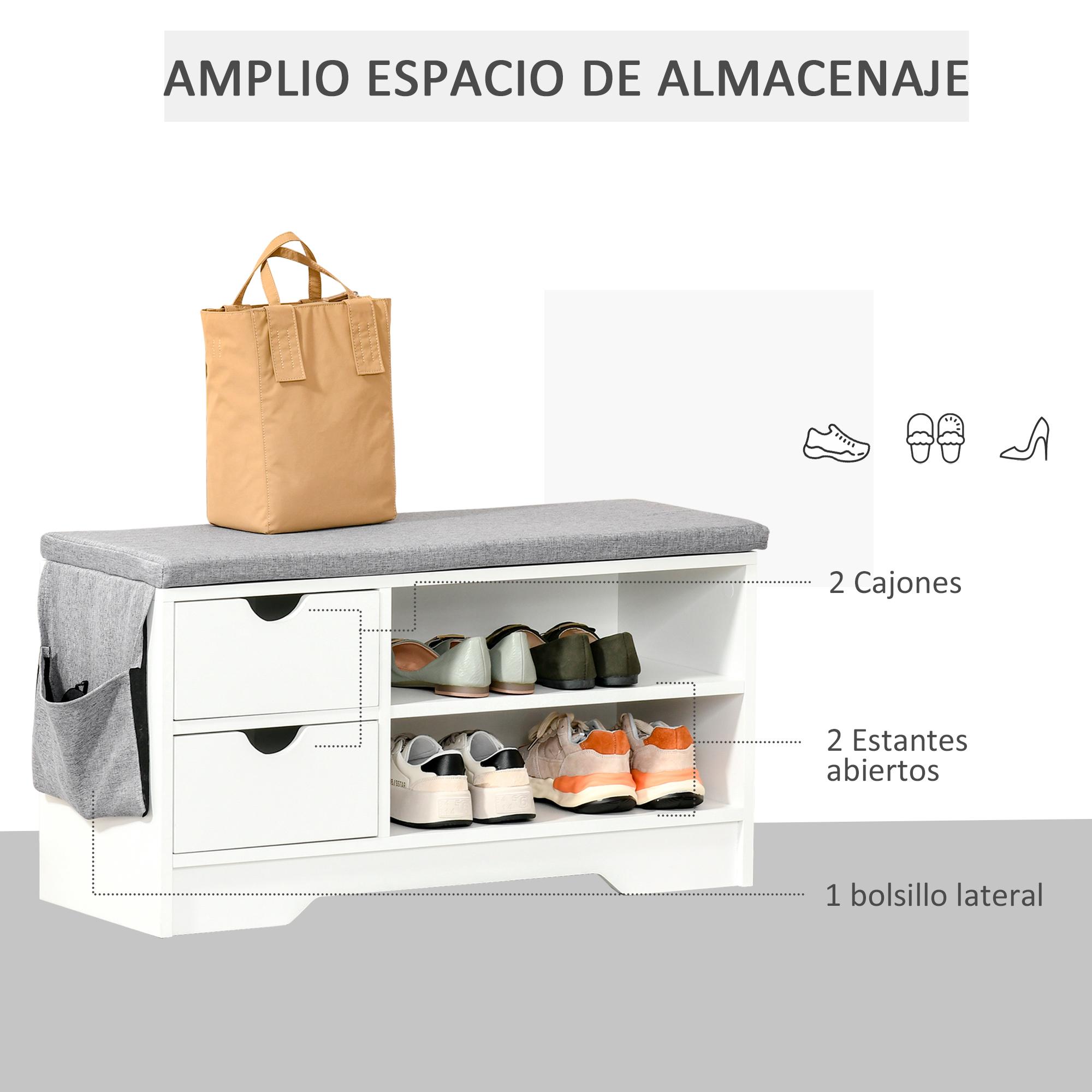 Banco Zapatero con Asiento 2 Estantes Bolso Cojín Extraíble y 2 Cajones Banco Recibidor Capacidad para 4 Pares de Zapatos para Entrada Pasillo Moderno 80,5x30,5x43,5 cm Blanco y Gris