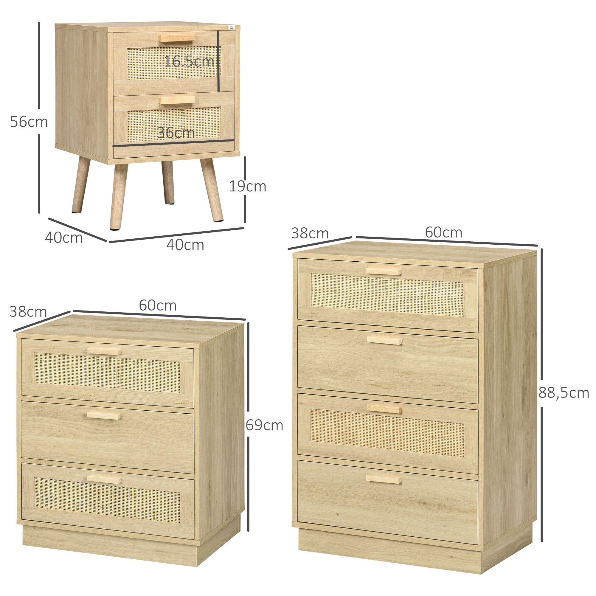 Conjunto para el Hogar Incluye 1 Mesita de Noche 1 Cómoda con 3 Cajones y 1 Cómoda con 4 Cajones de Rejilla de Ratán Estilo Bohemio Natural