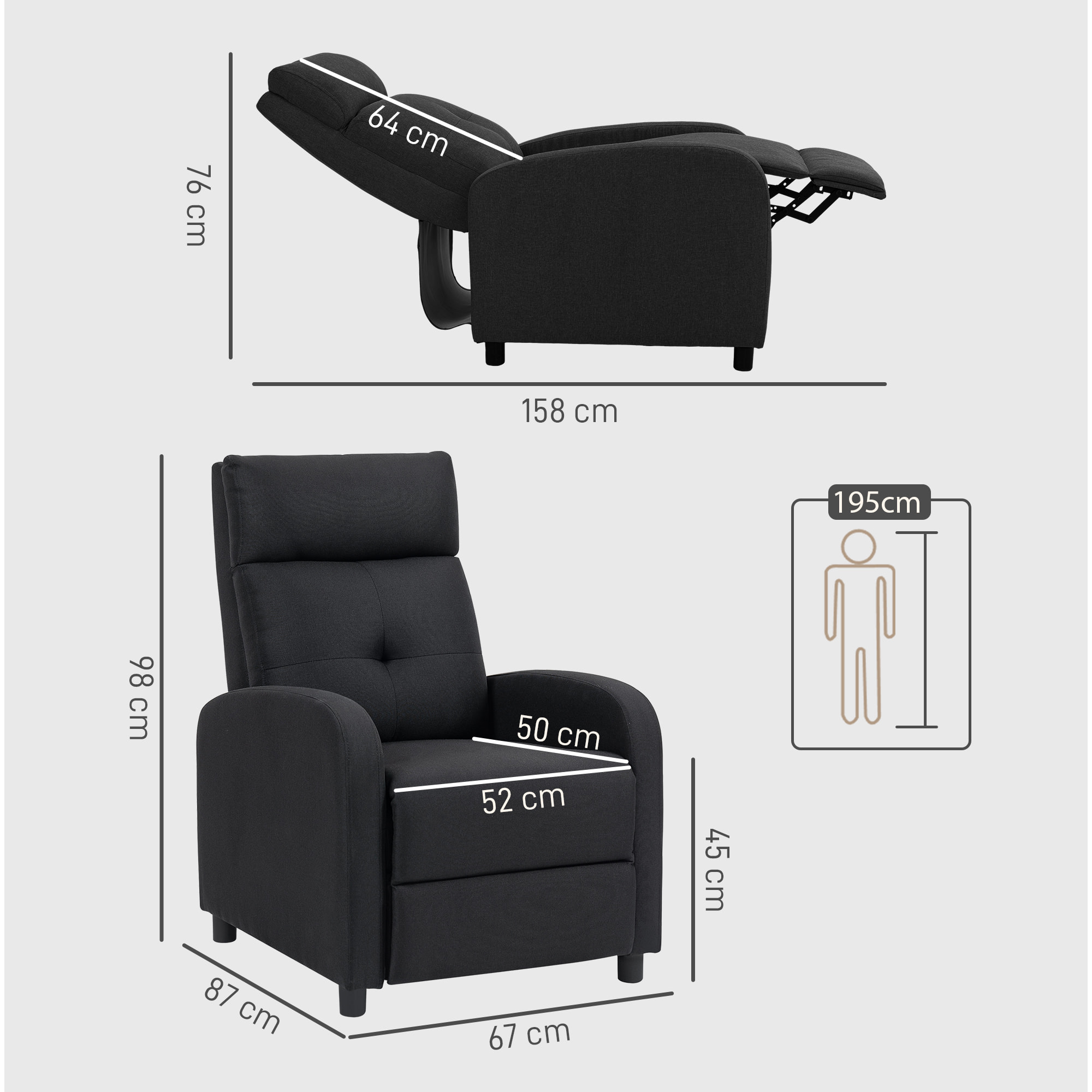 Sillón Relax Reclinable Manual, Sillón Relax de Lino con Apertura Push, Reposapiés, Respaldo Alto, Acolchado Grueso, Butaca Reclinable hasta 155Âº para Salón, Dormitorio, Oficina, Negro
