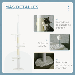 Árbol para Gatos de Suelo a Techo de 225-255 cm Torre para Gatos de Suelo a Techo Ajustable en Altura con 3 Plataforma de Forma de Nube Postes Rascadores y 2 Bolas 48x32x225-255 cm Blanco