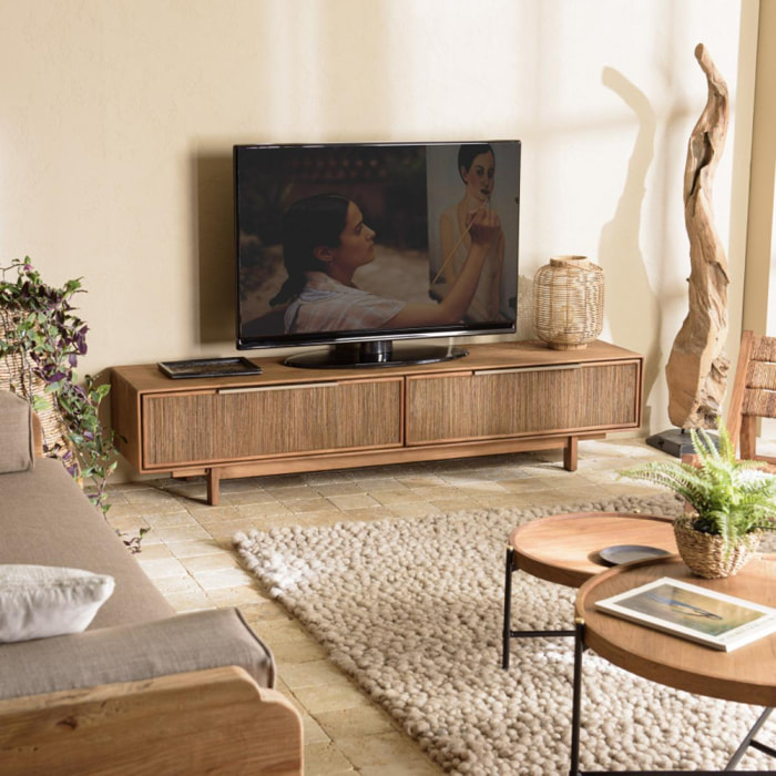 ALIDA - Meuble TV 2 tiroirs en bois teck recyclé et tissage naturel