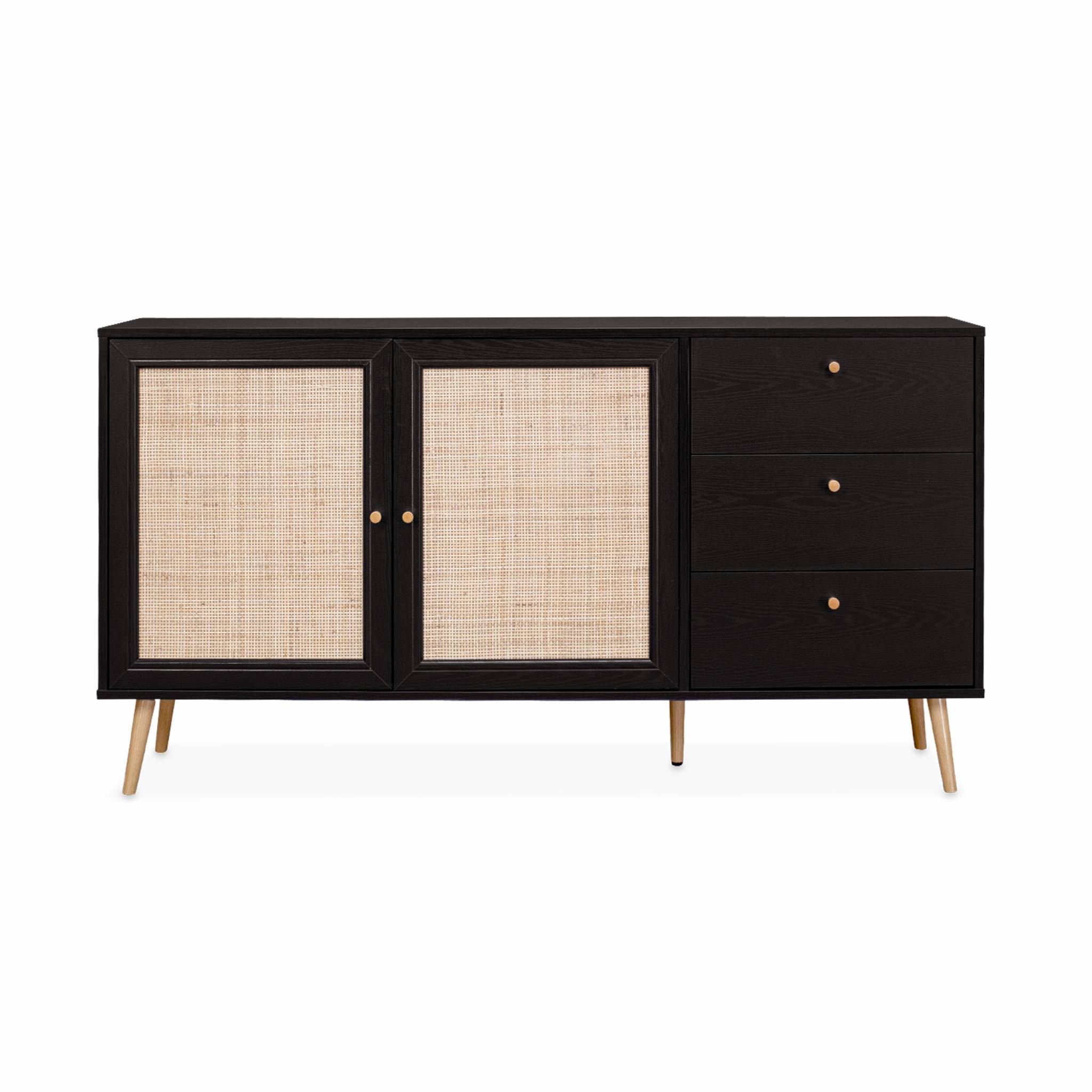 Buffet de rangement noir en cannage 2 portes 3 tiroirs. buffet bas. L150 x l39 x H79cm - Bohème