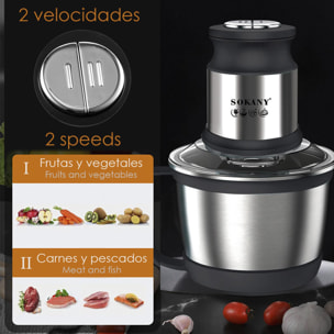 Picadora de carne eléctrica 800w, vaso cristal con asa 3L. Diferentes funciones picado y corte, con cuchillas acero. 2 velocidades