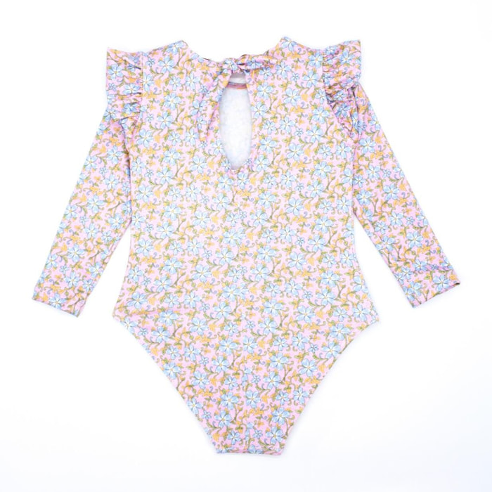 Bañador de manga larga de flor azul, con volantes.