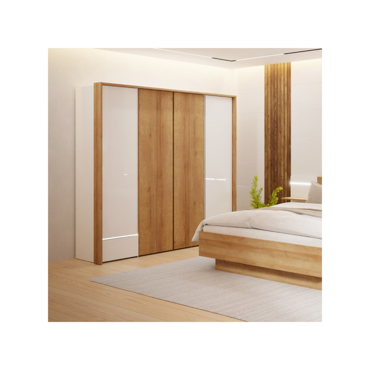 Dressing L. 204 cm en décor bois de chêne et blanc avec LED – LENYBE