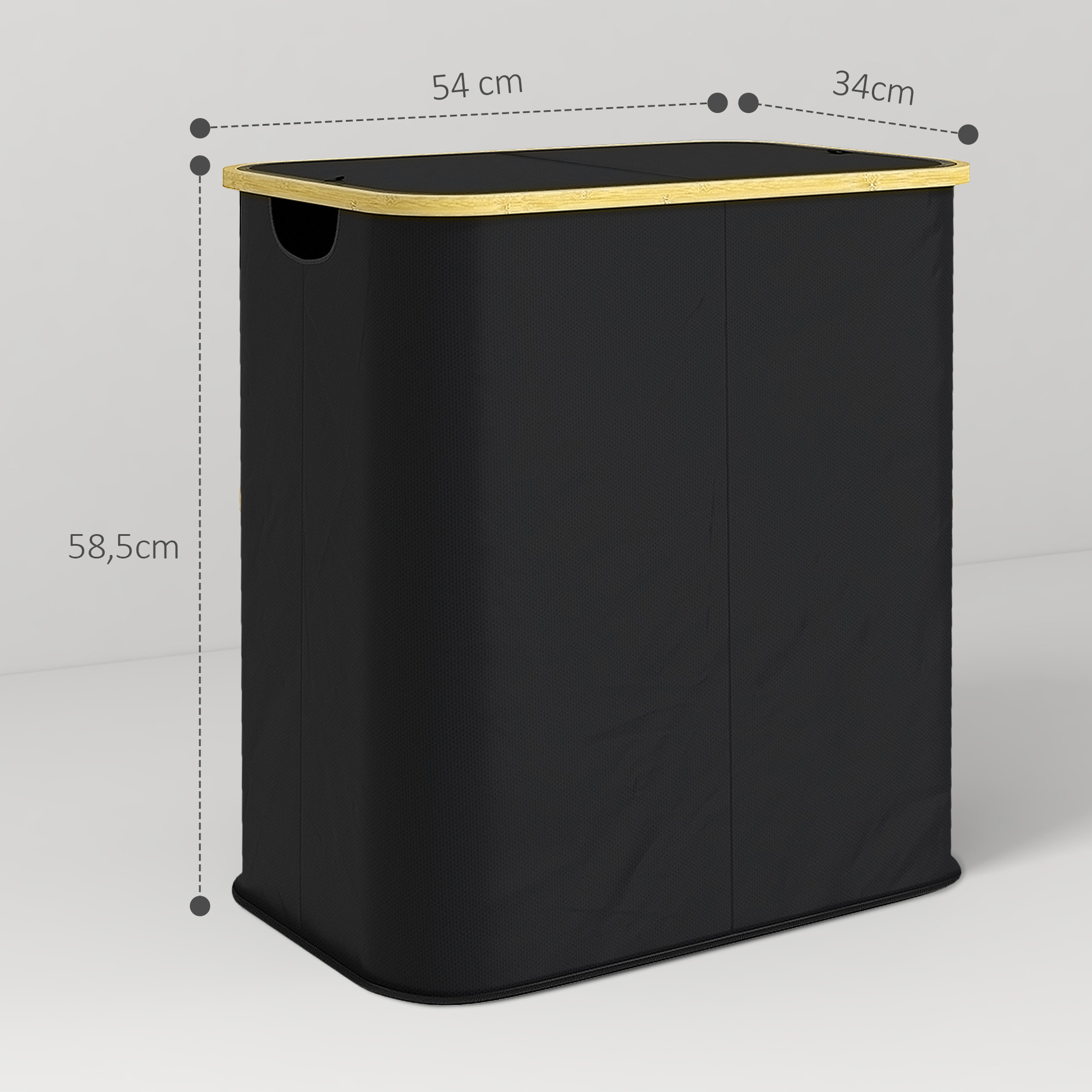 Cesto de Ropa Sucia con Tapa, 80L, Cesta de Ropa Sucia Plegable de Tela no Tejida, Marco de Bambú, con 2 Compartimentos, Asas de Ranura, para Lavandería, 54x34x58,5 cm, Negro