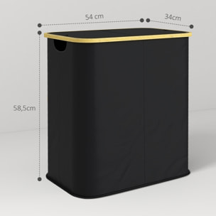 Cesto de Ropa Sucia con Tapa, 80L, Cesta de Ropa Sucia Plegable de Tela no Tejida, Marco de Bambú, con 2 Compartimentos, Asas de Ranura, para Lavandería, 54x34x58,5 cm, Negro