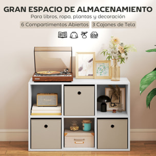 Estantería de 6 Cubos, Librería, Estantería para Libros con 3 Cajones de Tela, Horizontal o Vertical, para Salón, Dormitorio, Estudio, 53,7x30x79,8 cm, Blanco y Beige