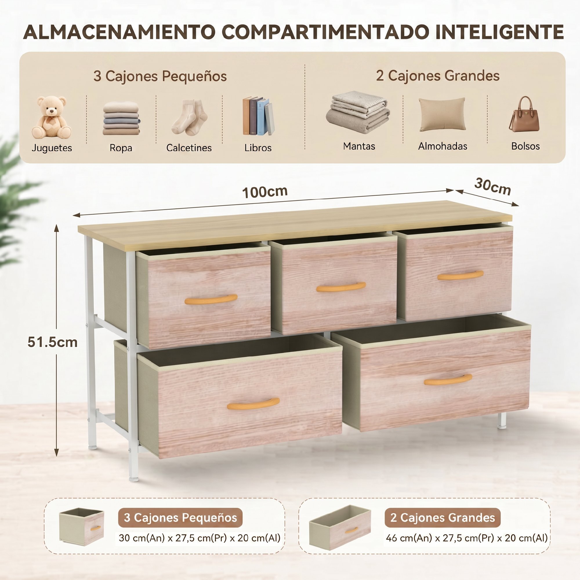 Cómoda con 5 Cajones de Tela, Cómoda para Dormitorio, Marco de Metal, Cajonera para Salón, Oficina, Vestidor, Natural y Blanco