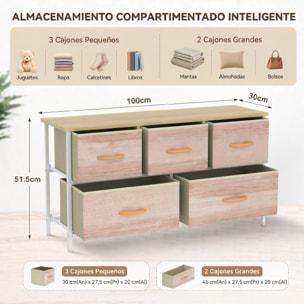Cómoda con 5 Cajones de Tela, Cómoda para Dormitorio, Marco de Metal, Cajonera para Salón, Oficina, Vestidor, Natural y Blanco