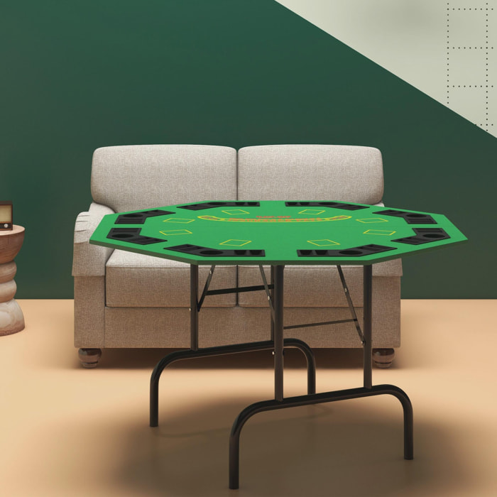Table de poker casino pliable octogonale sur pieds 8 joueurs max. - espaces jetons, gobelets - acier noir feutrine verte