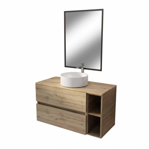 Meuble salle de bains 100 TIMBER Décor Chêne Tiroirs + Niches - Vasque Blanche - Miroir Bords Noirs
