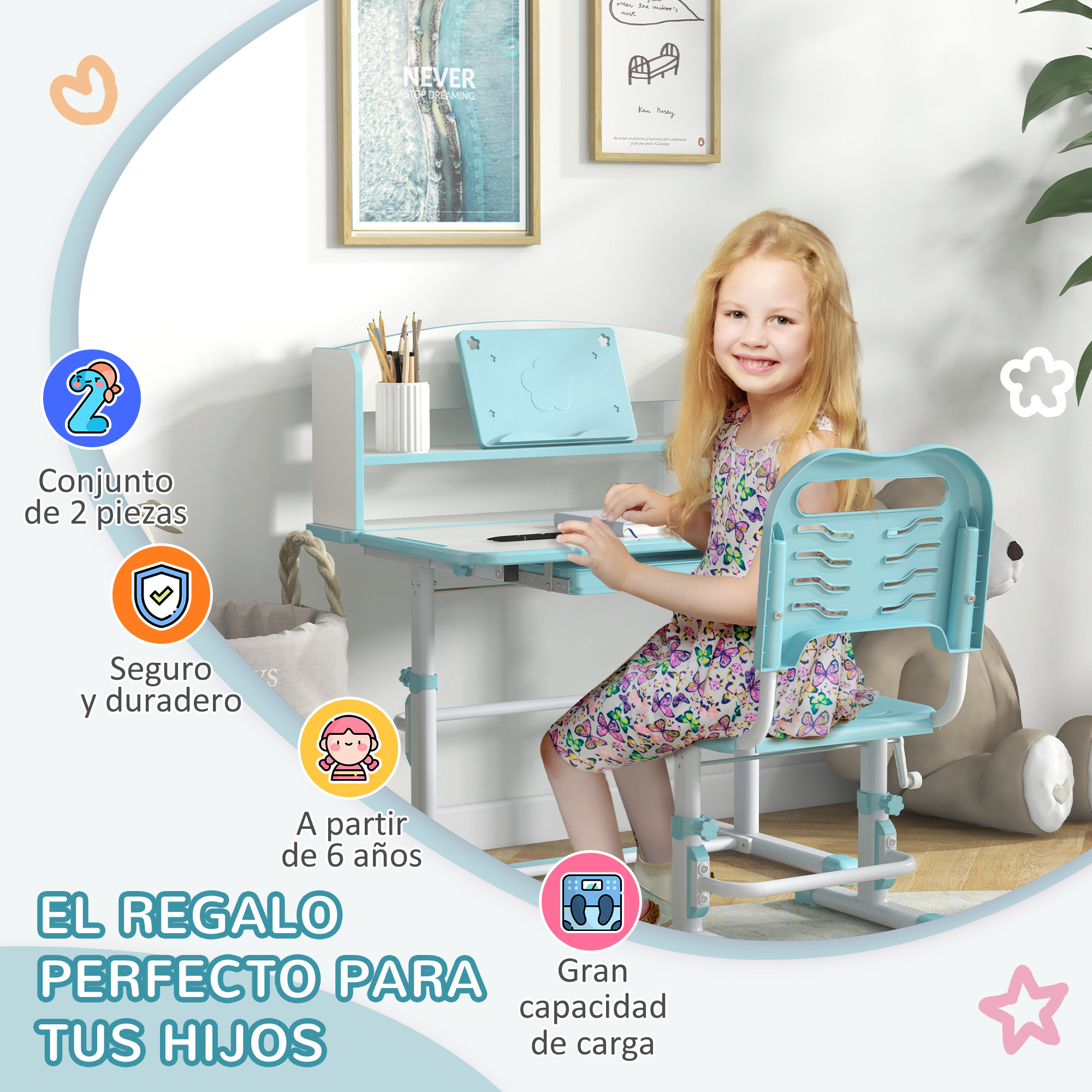 Juego de Escritorio y Silla para Niños de 6-12 Años Pupitre Infantil Altura Ajustable con 1 Cajón 1 Estante para Libros y Ángulo de Mesa Ajustable 80x54,5x82-104 cm Azul y Blanco