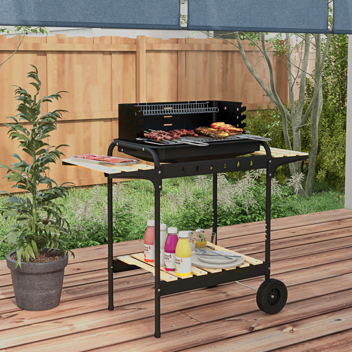 Barbacoa de Carbón con Ruedas Barbacoa Portátil 103x47x95 cm con Parrilla Ajustable en Altura de 5 Niveles Estantes y 6 Ganchos para Pícnic Camping Negro