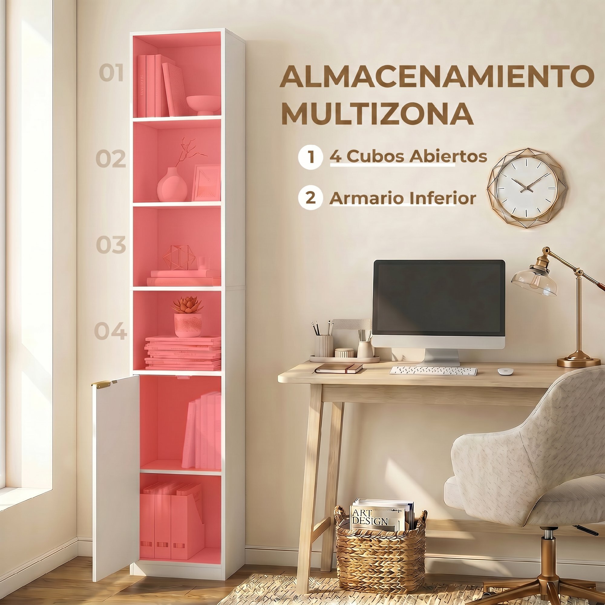 HOMCOM Estantería para Libros de 6 Niveles, Librería Alta y Estrecha con 4 Estantes Abiertos, Puerta y Estante Ajustable, Armario para Salón, Estudio, Oficina, 30x24x182 cm, Blanco