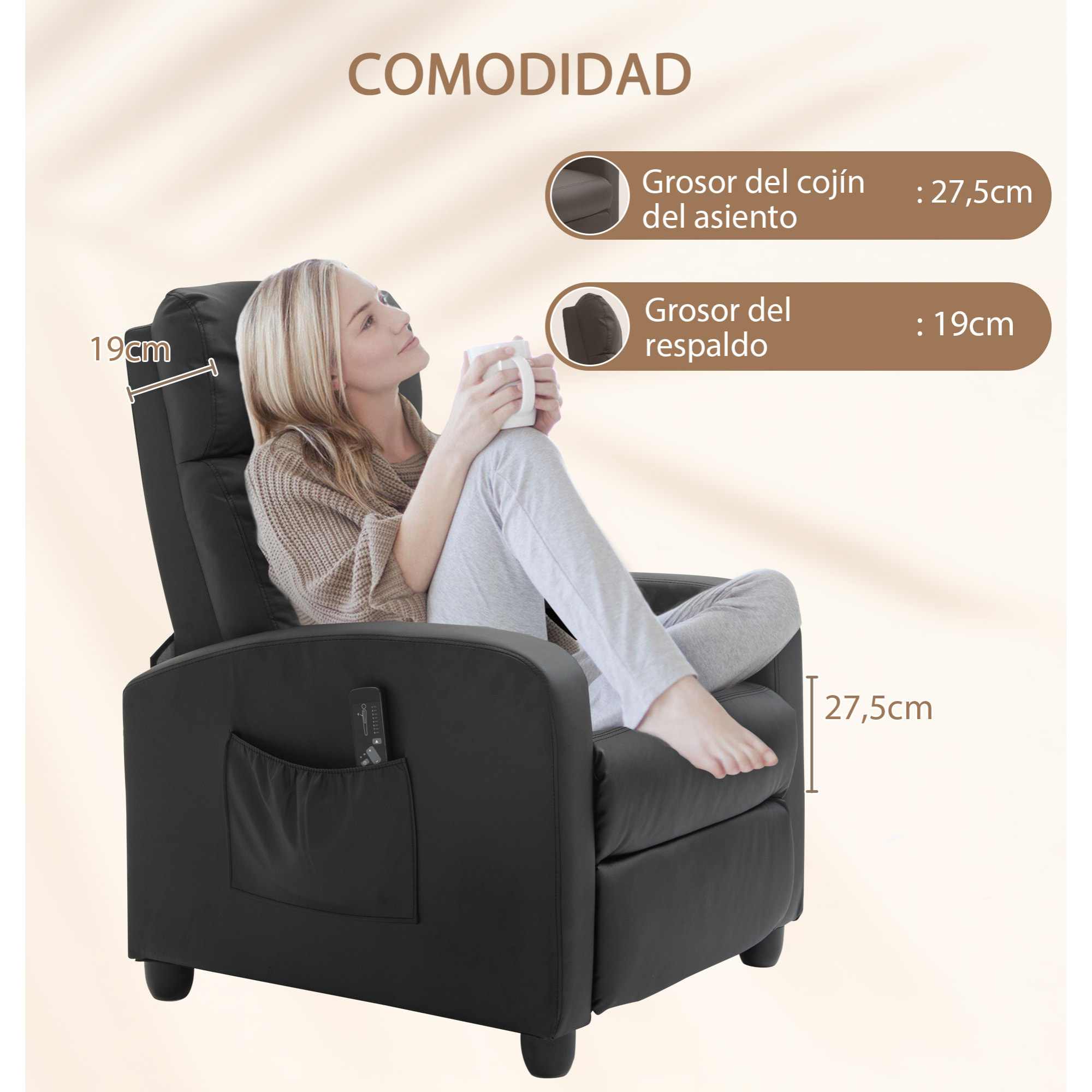 Sillón de Masaje Sillón Relax Reclinable con Mando a Distancia 2 Zonas de Masaje 8 Programas 5 Niveles de Intensidad 1 Bolsillo Lateral y Temporizador Tapizado en PU 68x88x98 cm Negro