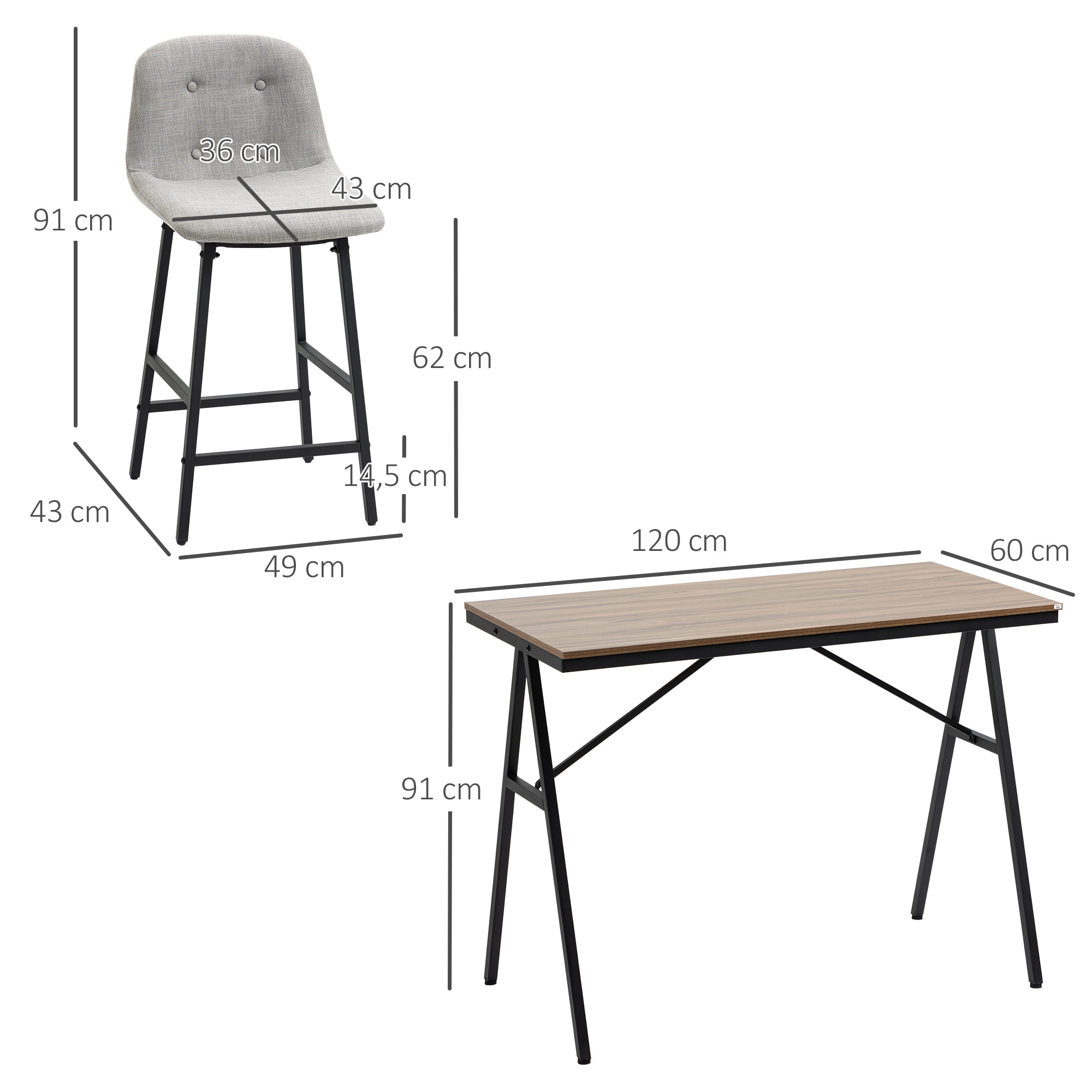 Ensemble table de bar 4 chaises de bar style industriel piètement acier noir plateau effet bois noyer tissu gris clair