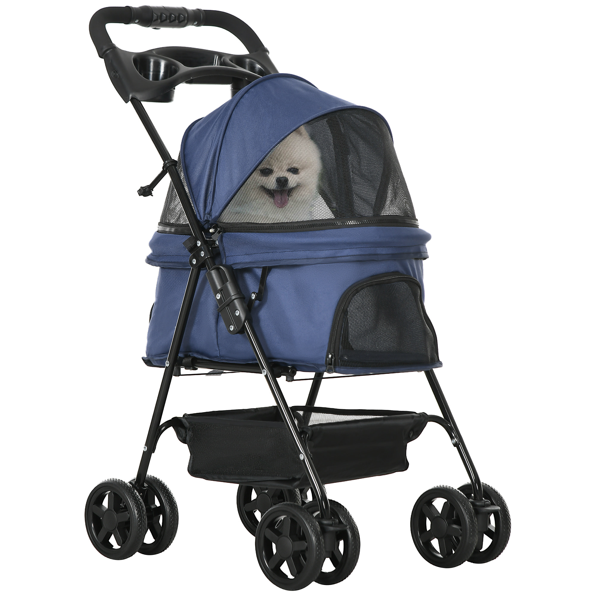 Cochecito para Perros Plegable Carrito para Perros Pequeños con Ruedas Universales Cesta de Almacenaje Correas de Seguridad y Ventanas 67x45x96 cm Azul Oscuro