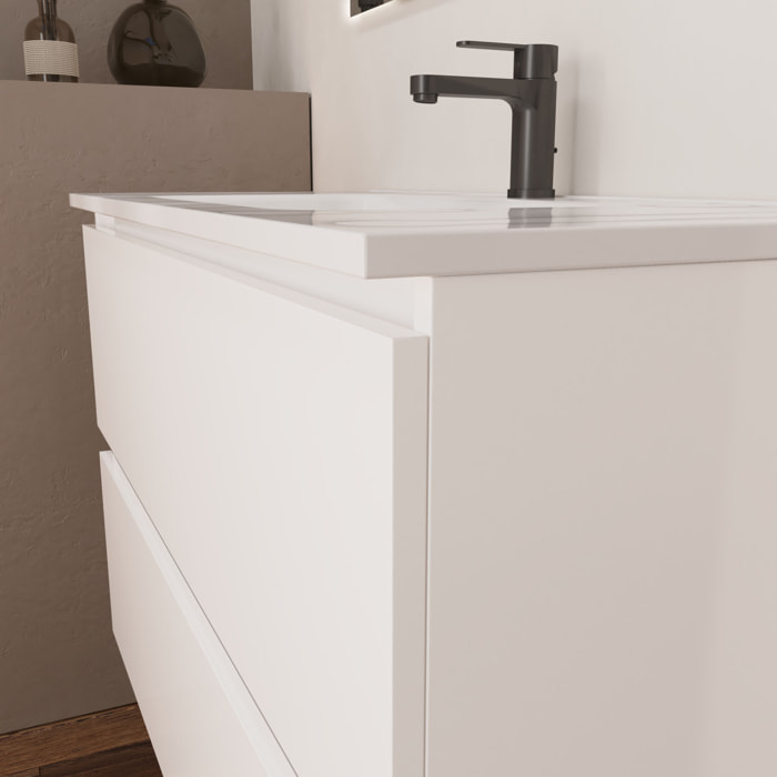 Conjunto de Baño Kaji | Mueble de Baño Suspendido | 80 cm Blanco| Dos Cajones | Lavabo Encastrado | No incluye Espejo | Alday