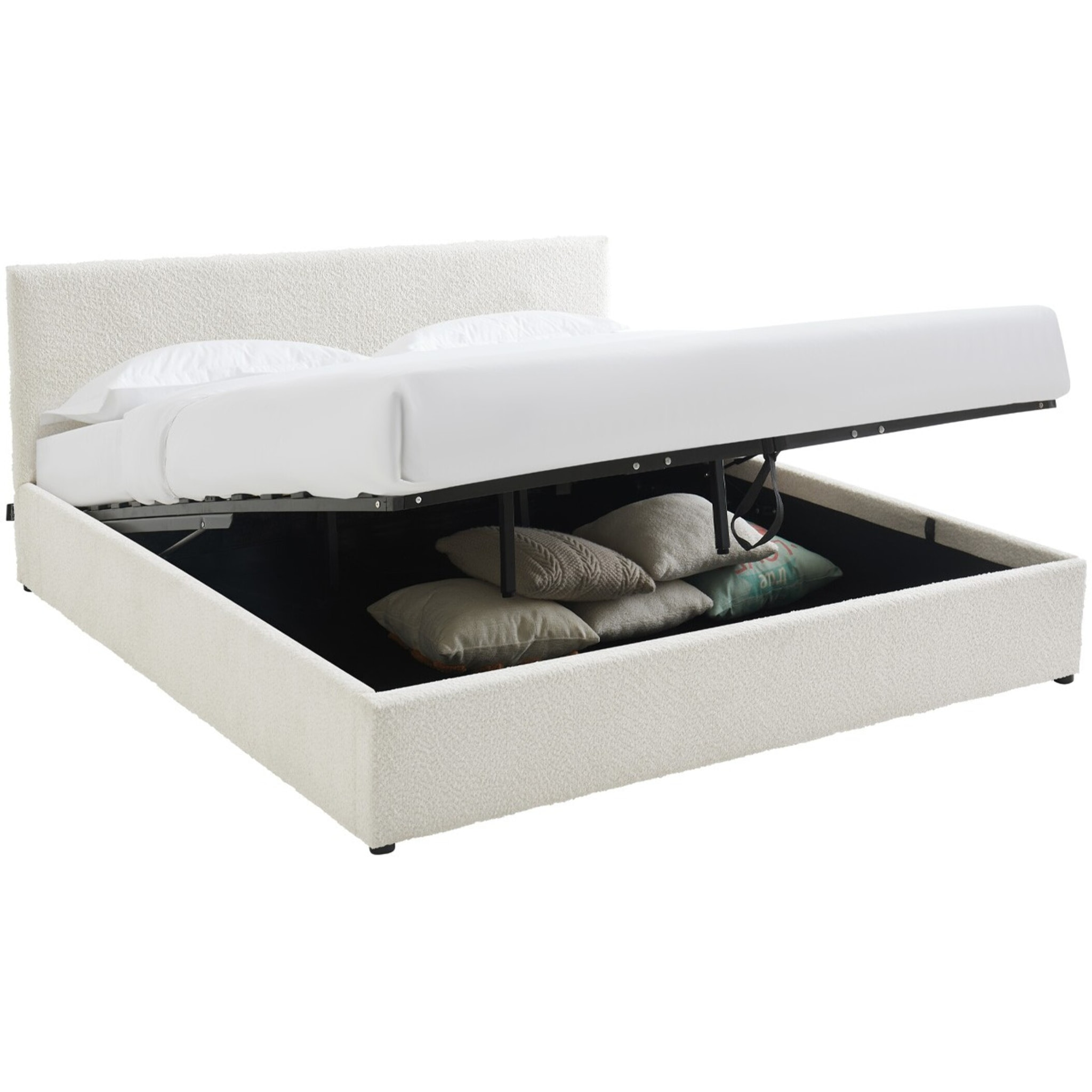 Lit coffre avec tête de lit en tissu bouclé - TINA