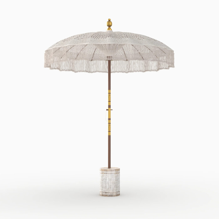 Ensemble parasol en macramé et pied de parasol en bois - Fakélé