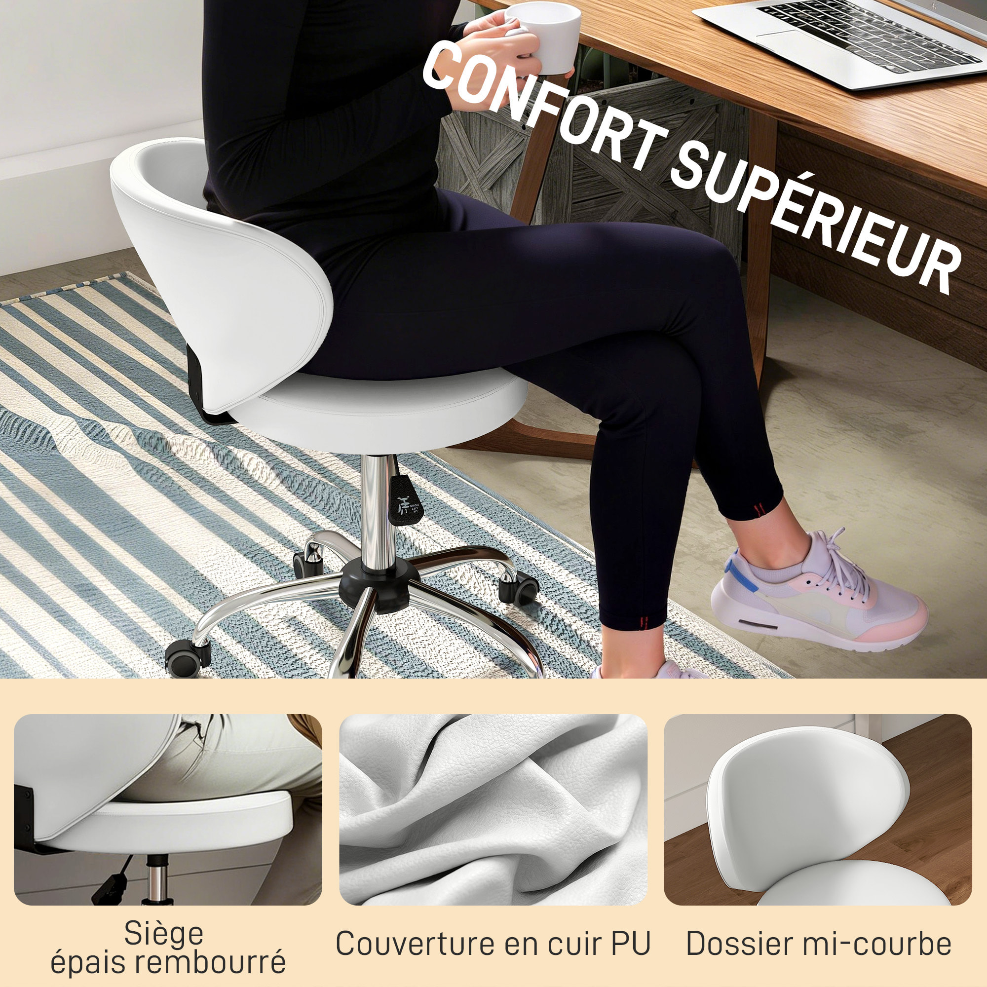 Tabouret de massage travail pivotant réglable 51-66H cm dossier ergonomique blanc