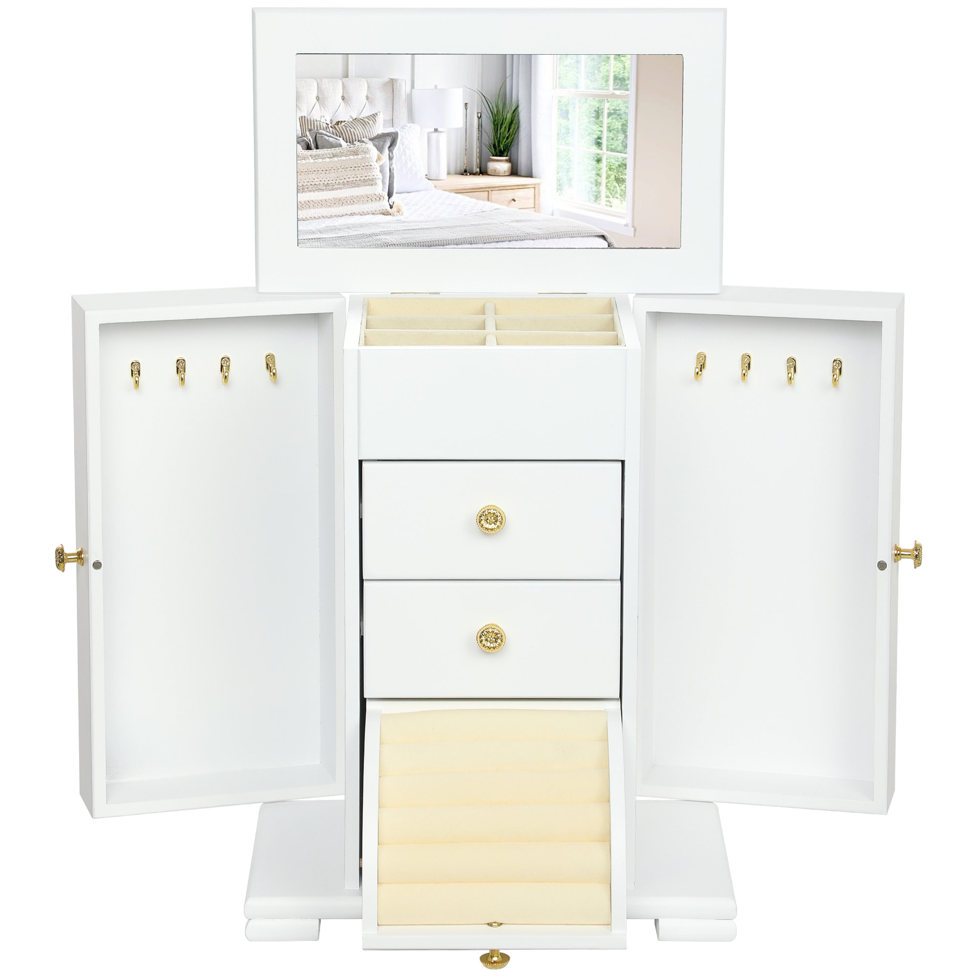 Armoire à bijoux poignées bouton doré miroir bois blanc