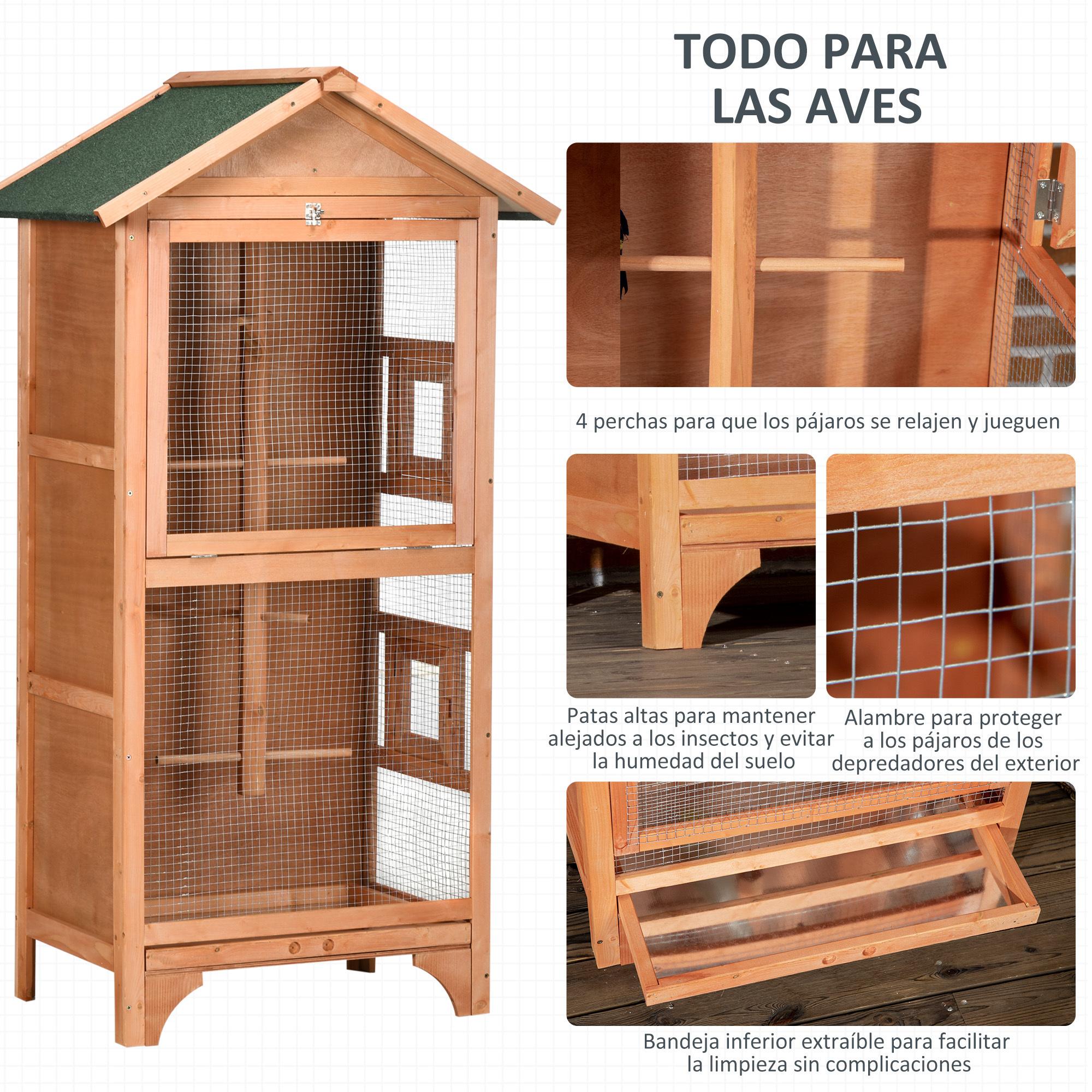 PawHut Jaula para Pájaros Pajarera de Madera con 3 Puertas 4 Perchas Bandeja Extraíble y Techo Asfáltico 80,5x57x153 cm Natural