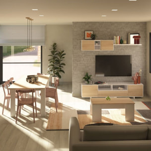 Pack salón con mesa de centro y mesa de comedor Kenzo Max V2B Blanco Brillo - Roble Canadian