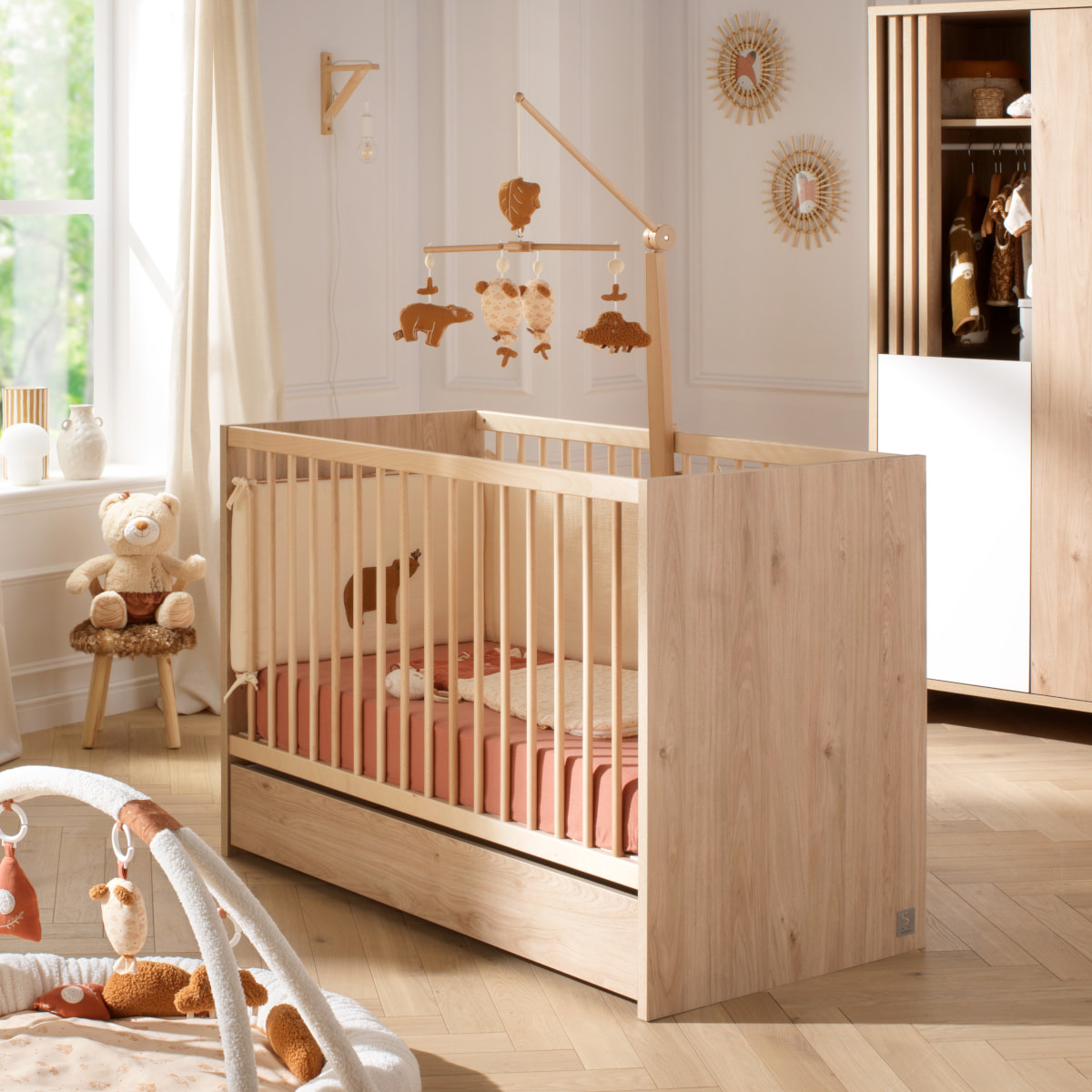 Chambre bébé complète Tokyo, Lit 120x60 et Commode à langer claustra - Chêne suave