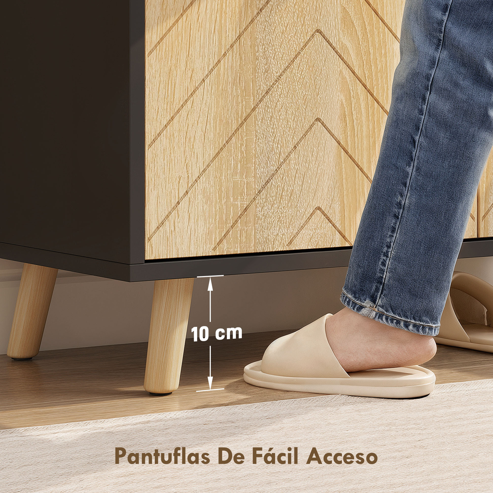 Zapatero de 2 Puertas en Espiga, Zapatero Entrada Recibidor con Estantes Ajustables, Compartimento Abierto y Patas de Madera, para 15 Pares de Zapatos, 75x35x104 cm, Negro y Natural