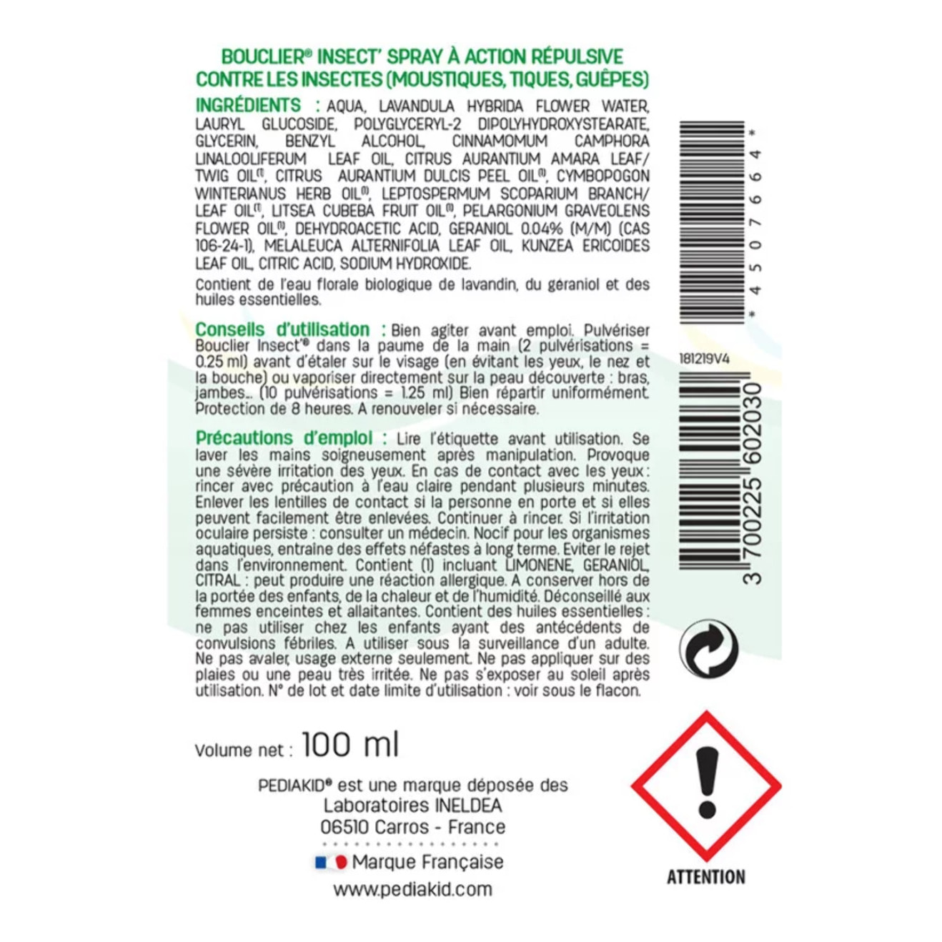 PEDIAKID - Bouclier Insect'- Spray Répulsif Anti-Moustique - Aux Huiles Essentielles - Flacon 100ml