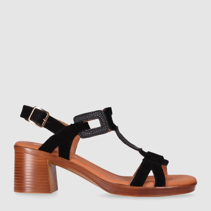 Sandalias de Serraje - Negro - Tacón: 5 cm