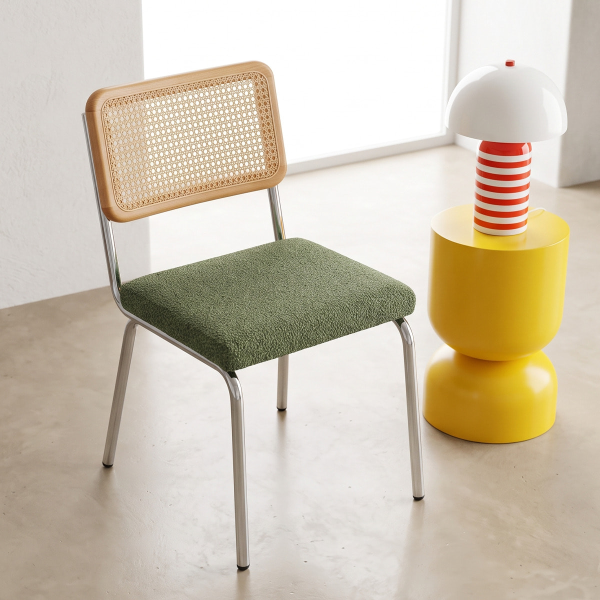 Lot de 2 chaises chromées, cannage et tissu bouclé - PAULA