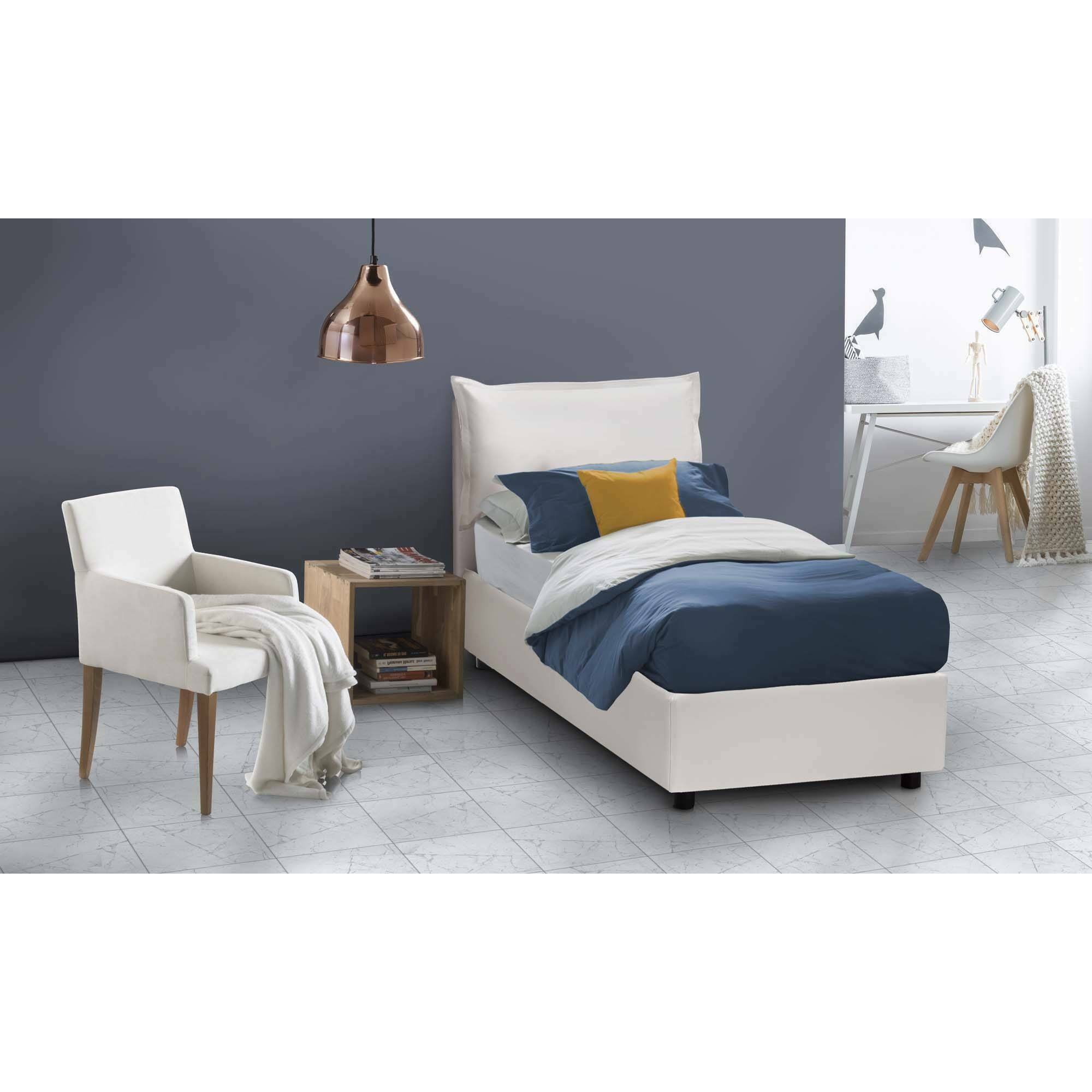 Letto singolo Cristina, Letto contenitore con rivestimento in ecopelle, 100% Made in Italy, Apertura frontale, adatto per materasso Cm 80x200, Bianco