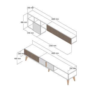 Parete attrezzata Dmalavas, Composizione soggiorno, Mobile salotto multiuso, Armadio porta TV, 180x35h40 cm, Noce e Bianco