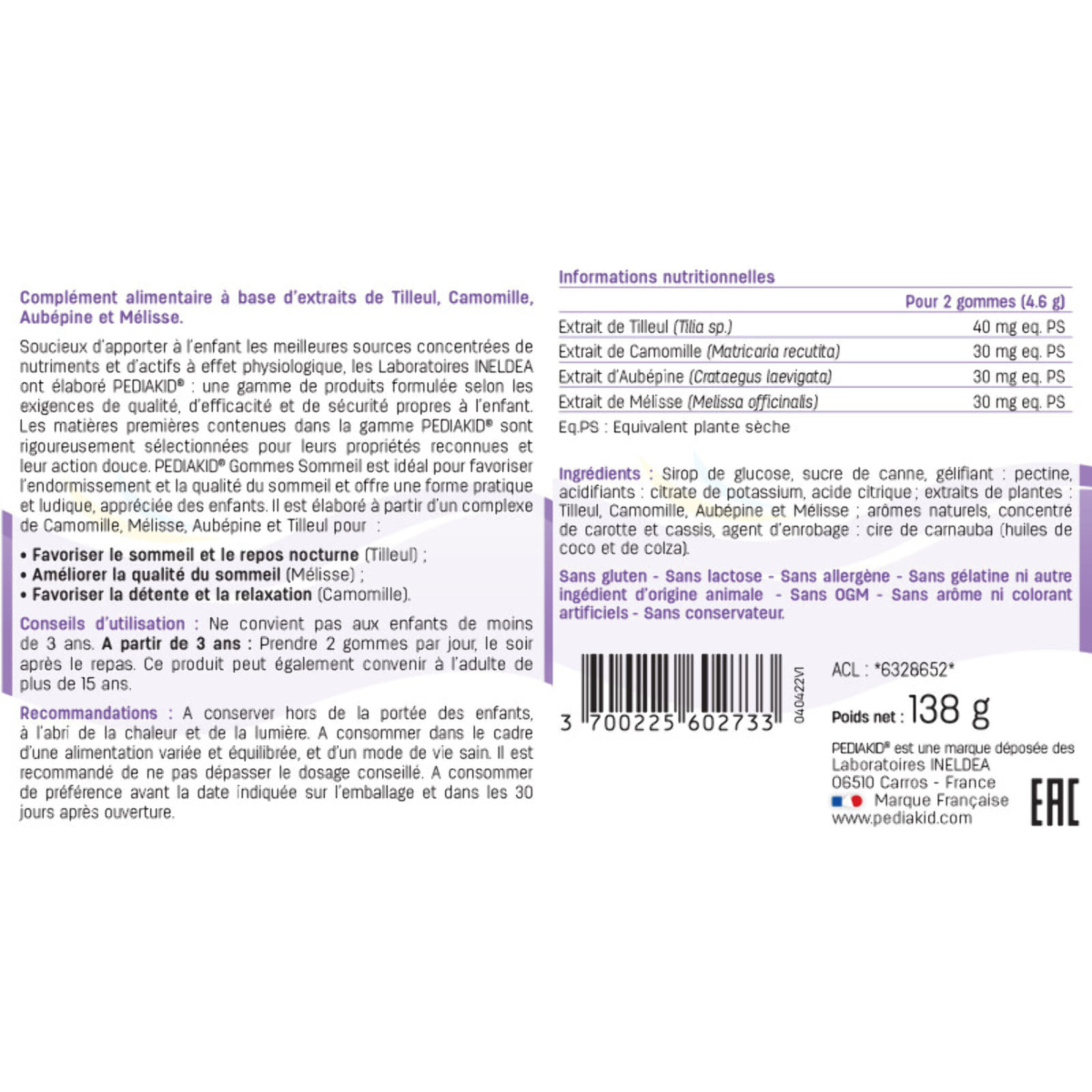 PEDIAKID - Gommes Sommeil - Complément alimentaire - Tilleul, Aubépine, Camomille & Mélisse - Facilite l'endormissement - Favorise un sommeil de meilleure qualité - Sans gélatine - Lot de 3 piluliers