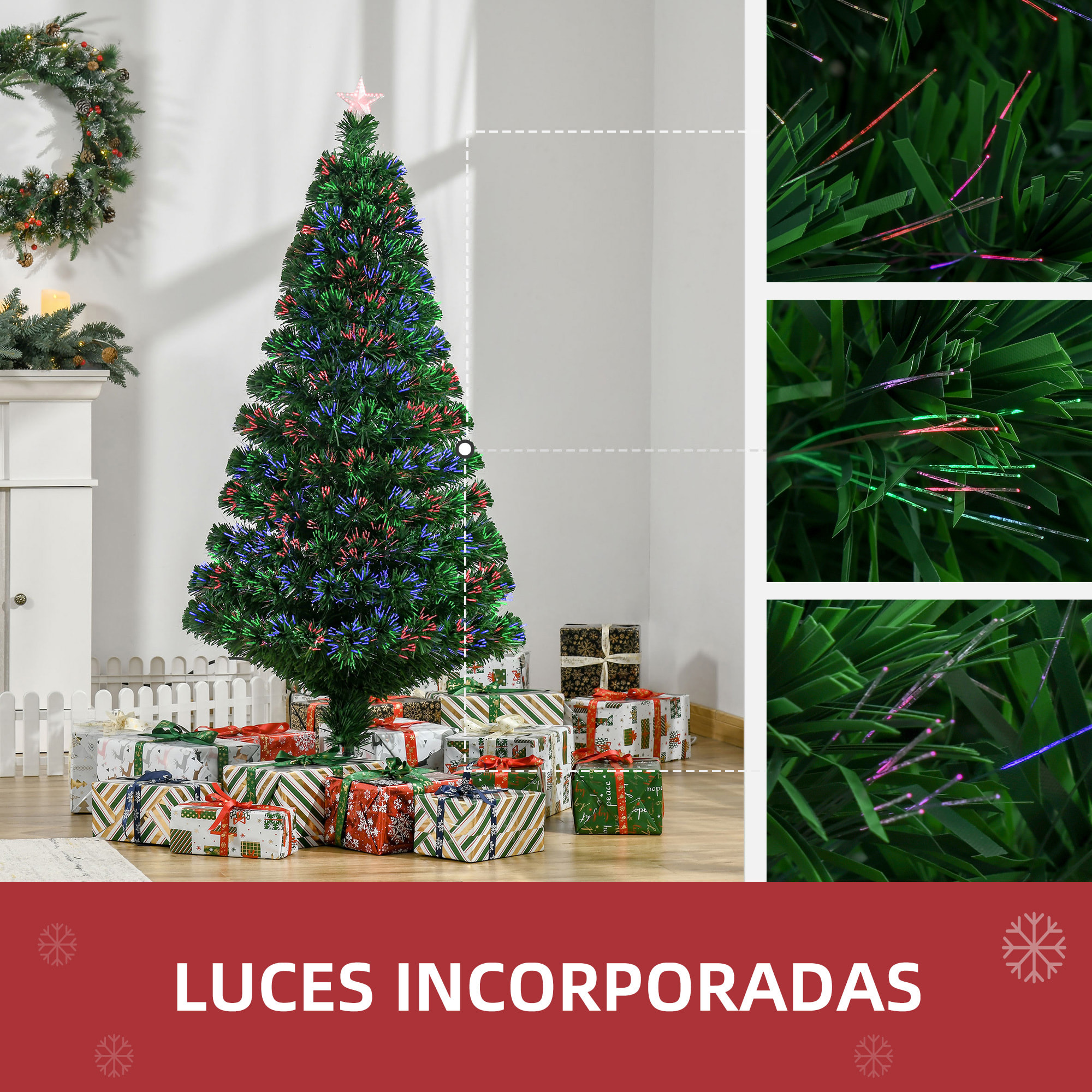 Árbol de Navidad de Fibra Óptica 150cm Multicolor con Base de Soporte