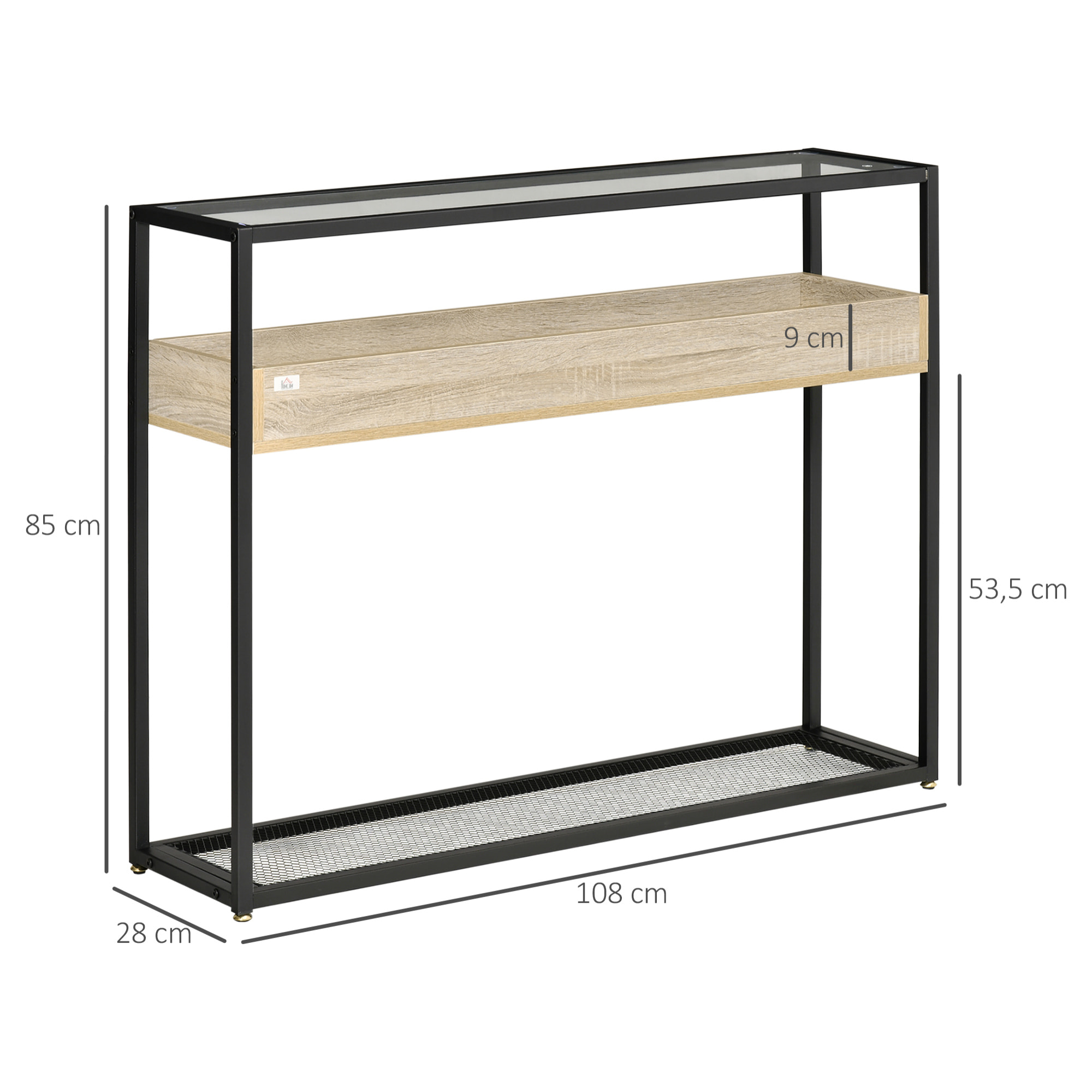 Mesa Consola de Entrada 108x28x85 cm Mueble Recibidor con Encimera de Cristal Estante y Rejilla Inferior Marco de Acero para Pasillo Salón Extremo del Sofá Negro