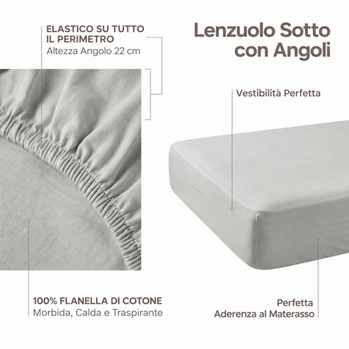 Lenzuolo sotto con angoli in flanella - Grigio