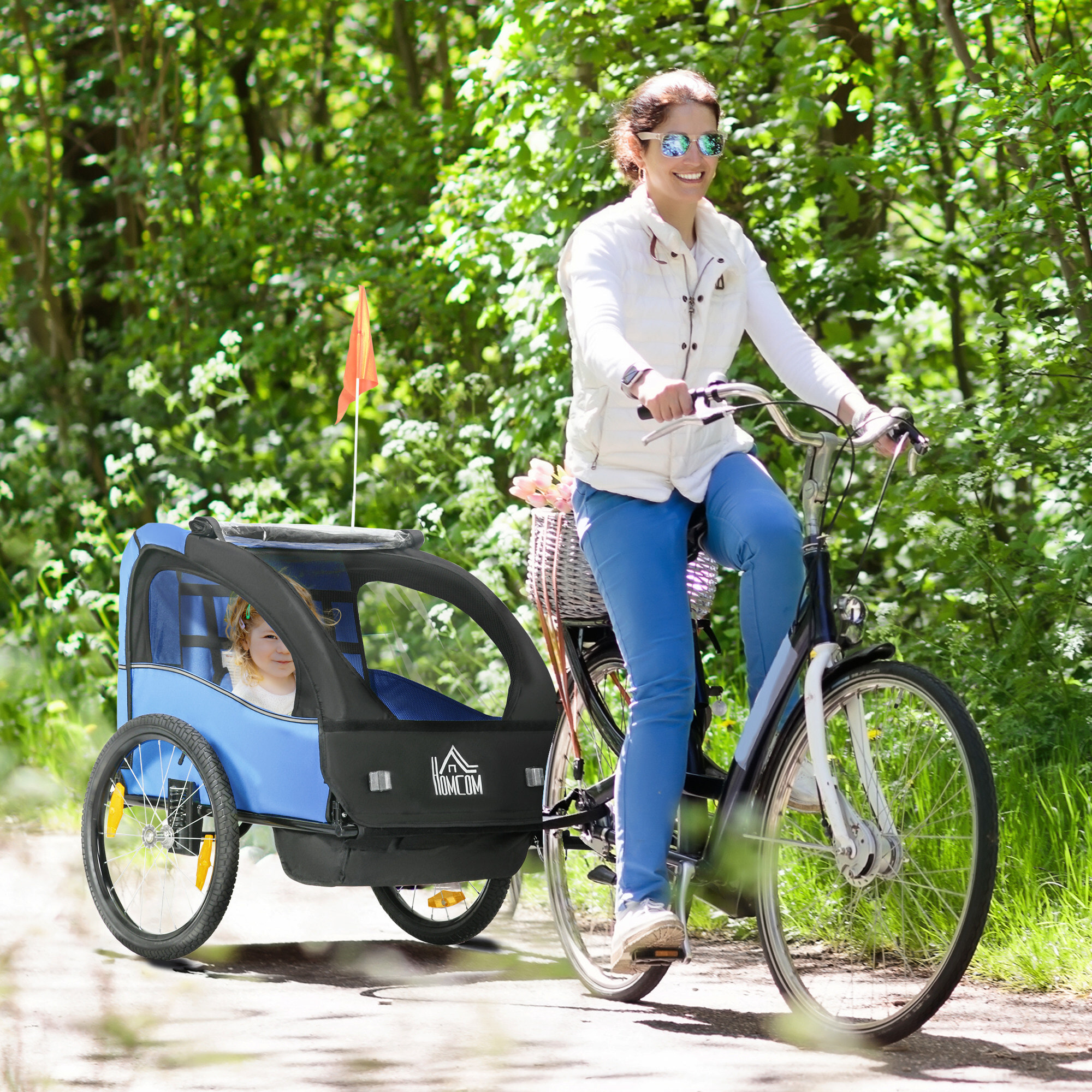 Remolque de Bicicleta para Niños +18 Meses Cochecito para Transporte de 2 Plazas con Cinturón de Seguridad Espacio de Almacenamiento y Sistema de Amortiguador 140x88x90 cm Azul