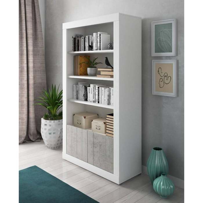 Libreria alta con 4 ripiani e 2 ante, Scaffale per libri e documenti, Libreria portaoggetti da ufficio, cm 105x42h191, colore Bianco e Cemento