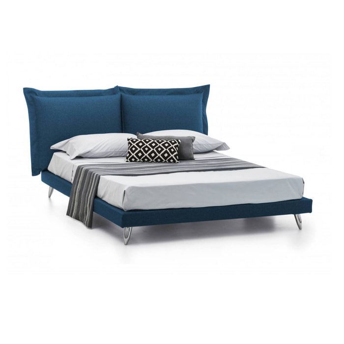 Letto matrimoniale Ludovica, Letto fisso in tessuto con piedini, 100% Made in Italy, adatto per materasso 160x190 cm, Blu