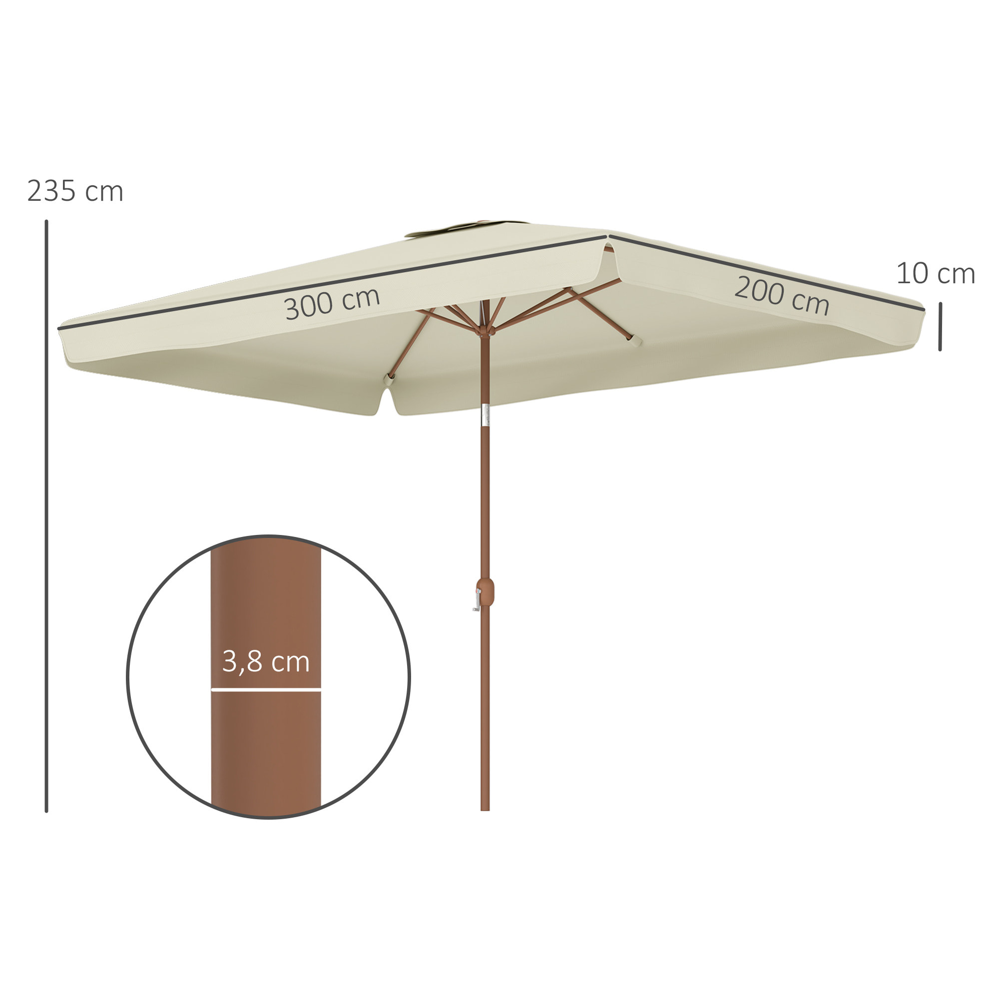 Sombrilla de Terraza Exterior 300x200 cm Parasol de Terraza Exterior con Ángulo Ajustable Mástil de Aluminio Manivela y Protección UV 50+ Sombrilla para Jardín Patio Beige
