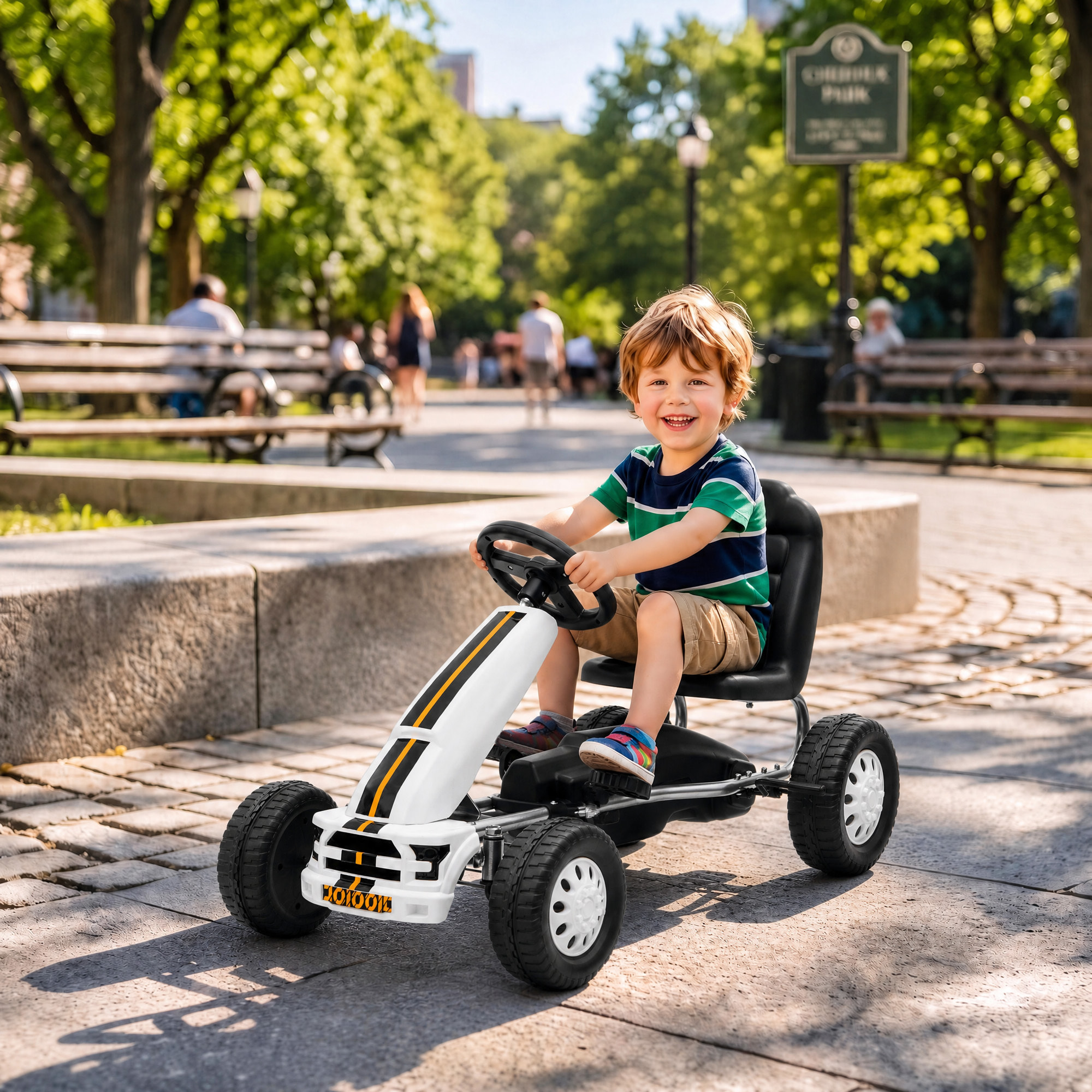 AIYAPLAY Kart Pedales para Niños de +3 Años, Go Kart con Asiento Ajustable, Volante, Freno Manual, Marco de Aluminio y Acero, Carga 30 kg, Blanco