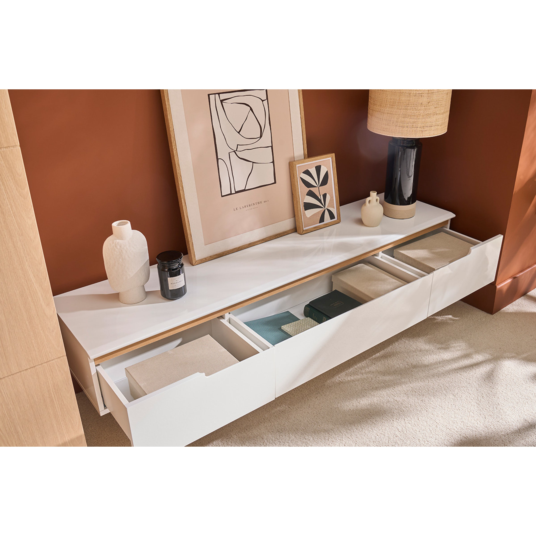 Meuble TV scandinave blanc brillant et bois L180 cm MELKA