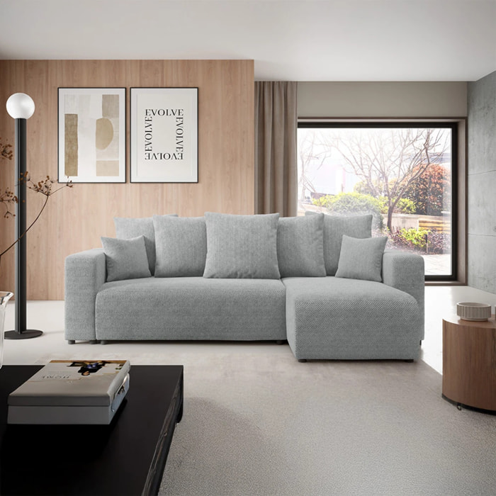GLORIA - Canapé d'angle droit convertible 4 places en tissu gris clair
