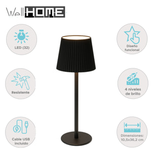 Well Home Lámpara de mesa Negra LED Recargable con 32 Luces Blancas cálidas y 4 niveles de Brillo Ø10,5x36,2cm