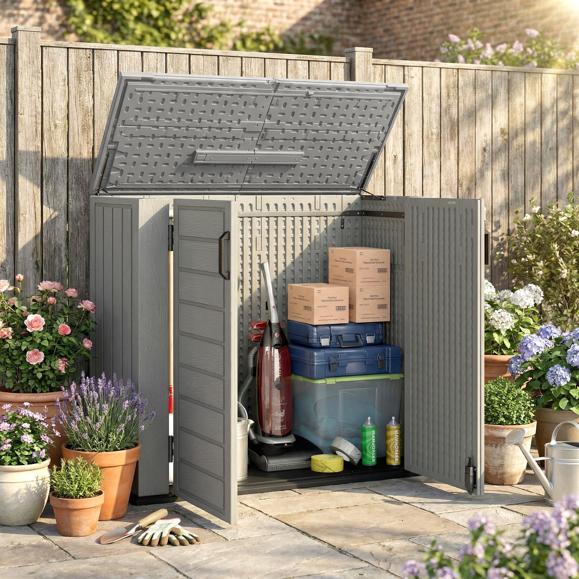 Armario de Exterior de HDPE, 940L, Caseta de Jardín Exterior con Tapa Abatible, 2 Puertas, Cerradura, Cobertizo de Jardín para Almacenaje Herramientas, 142x67x119 cm, Gris Claro